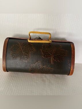 Vintage barrel shaped box/purse embossed maple leaf. Boho Rustic dark brown